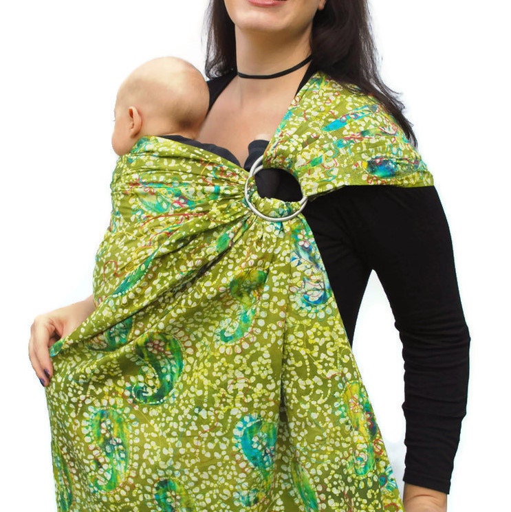 Baby Carrier Ring Sling Embroidered Paisley Batik in Green Superwide - Made to Order- LAST ONE