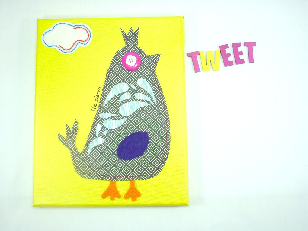 Paper cut bird on canvas, Art for children, Baby Nursery art, Kids wall art