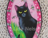 Original Whimsical Black Cat and Dragonflies Folk Art Painting on Wood