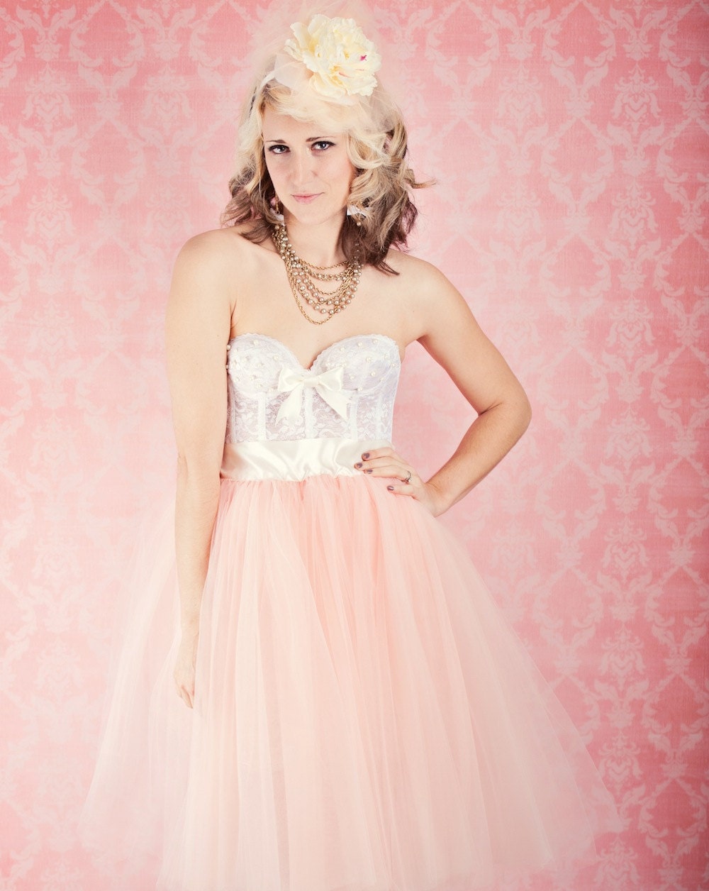 Peach Tulle Tutu Tea Length Skirt with Ivory Satin Sash Made to Measure Ballet Retro
