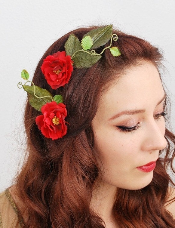 Rose hair combs, red floral hair piece, garden wedding, hair accessories - Juliet