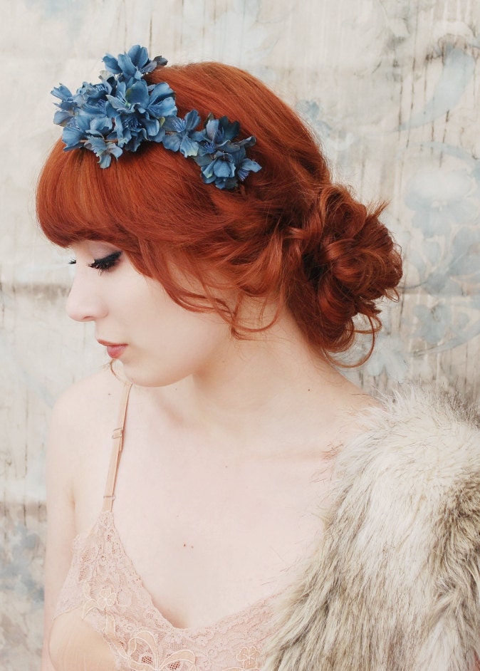 Woodland headpiece, navy blue flower crown, floral tiara, wedding hair accessory - Muse
