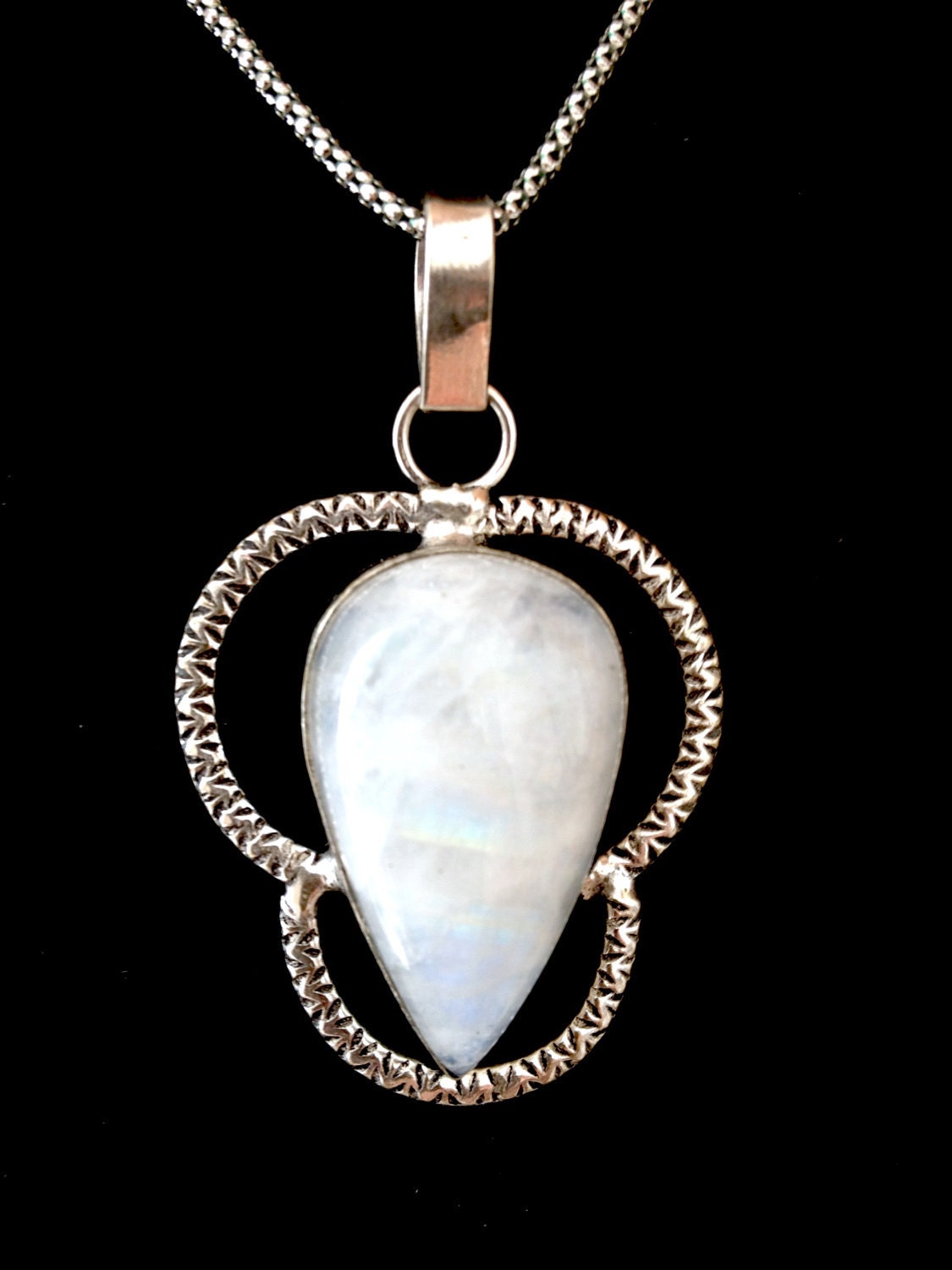 SALE... Breathtaking Rare Art Noveau Style White Rainbow Moonstone Silver Pendant