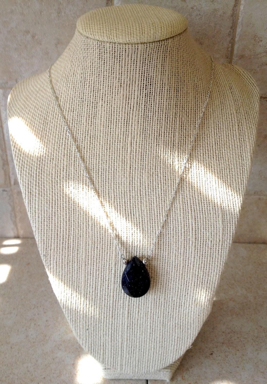 SALE... Beautiful Sparkling Tear Drop Blue Stone (sandstone) Silver Necklace/Pendant