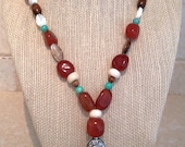 SALE. Designer GlamRox Bali Silver, Carnelian, Mother of Pearl Necklace