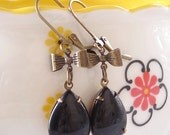 Bettie Page Earrings Vintage Black Milk Glass Bows Pinup Girl Retro Rockabilly