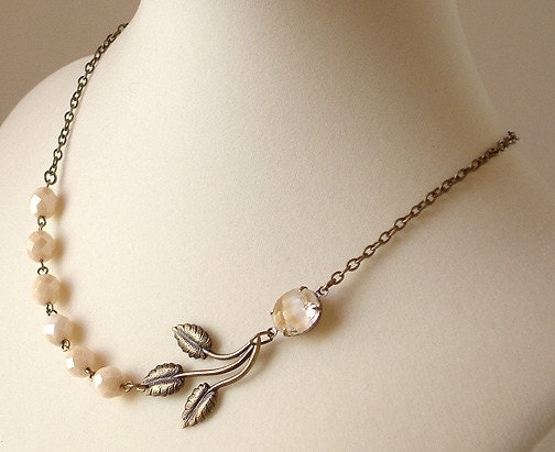 Vintage Rhinestone Necklace Cream Czech Glass Beads Retro Botanical