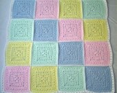 Handmade Blue Green Pink Yellow and White Crocheted Granny Square Baby Blanket Afghan
