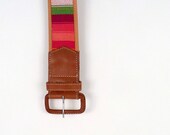 Vintage Leather Belt - Rainbow Fabric on Top, Bright Colors - Women Teens - Boho, Tribal, Aztec, Geometric, Small Size 28