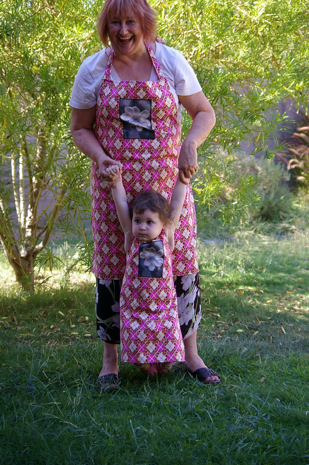 Women's Full Apron - Pink Cream Leopard Argyle - Flower Photo Applique - One of a Kind