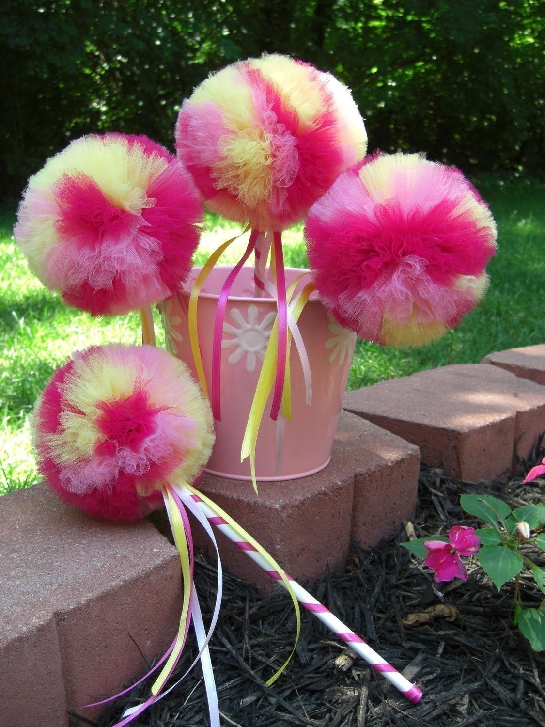 Tulle Wand- Raspberry Lemonade Poof Wand - Princess Wand- Magic Wand- Fairy Wand- Party Favor