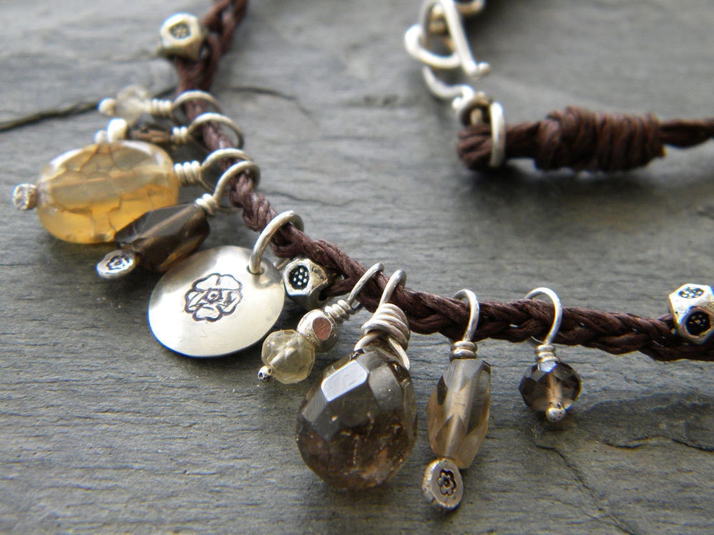 Gemstone Sterling Silver Brown Braided Necklace Smoky Quartz Golden Hessonite Garnet Spider Jasper Waxed Cotton Multicolored Gemstone