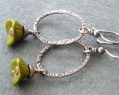 Olive Green Copper Earrings Swirl Stamped Oval Link Glass Bell Flower