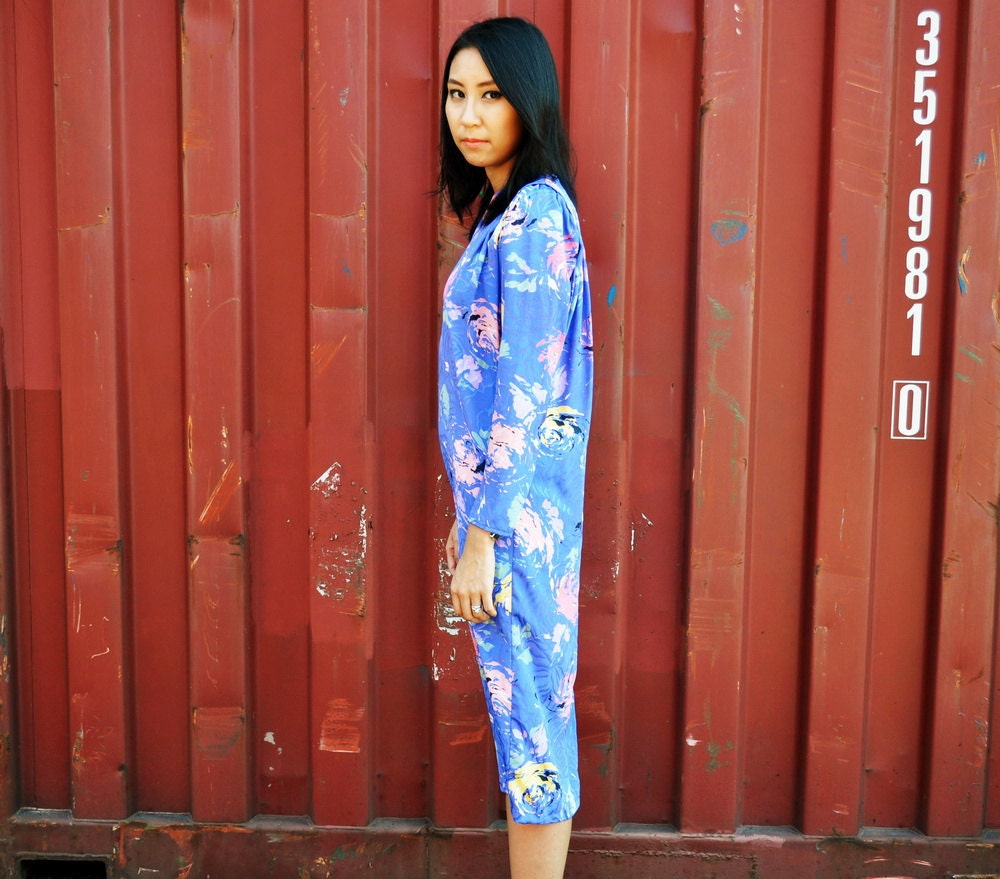 Purple Floral Dress Day Evening Midi Blue Metallic M Long Sleeve Knee Length Party 10 Etsy Spring Fashion