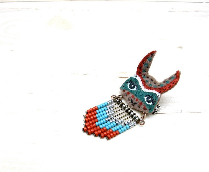 Rabbit Totem - Hand painted Aqua & Rusty Red felt chevron animal brooch