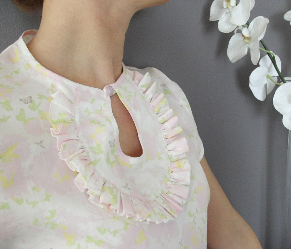 Tulip Bib Blouse - Romantic flowers -white pink yellow green - FREE SHIPPING