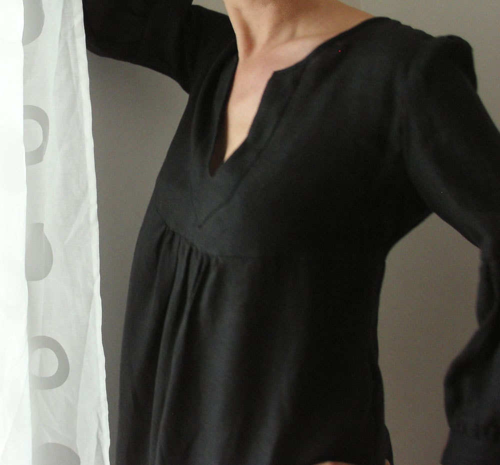 Dress or Tunic - My Garden - fine linen  in black color