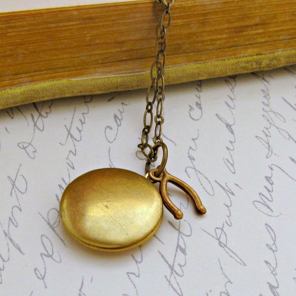 Wishbone Necklace Locket Necklace Round Locket Brass Locket Vintage Locket Necklace Photo Locket - Keepsake Wish
