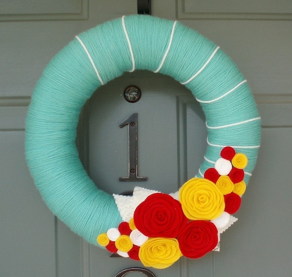 Yarn Wreath Felt Handmade Door Decoration - Bright Blooms 12in