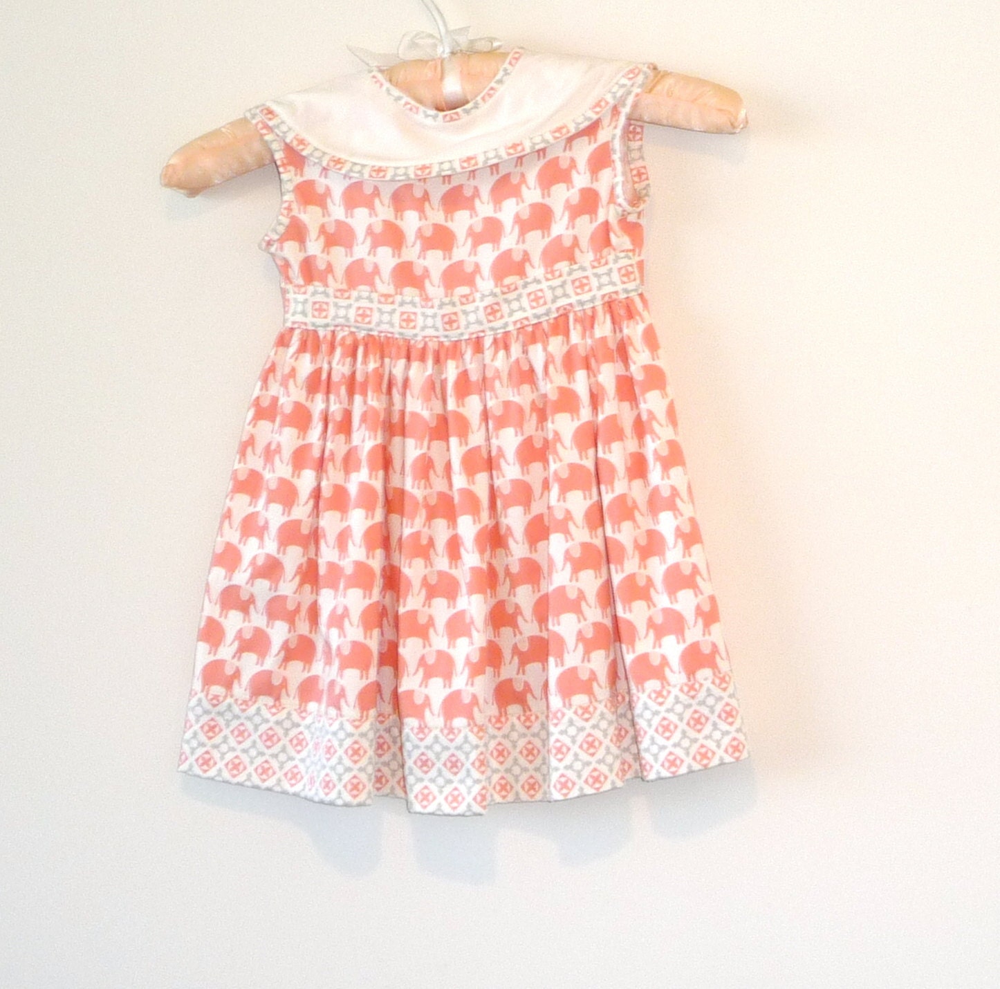 Handmade - Dress - Toddler - Spring - Easter - Elephants - Coral - Salmon - Ivory - Organic Cotton - Original - OOAK - Girly