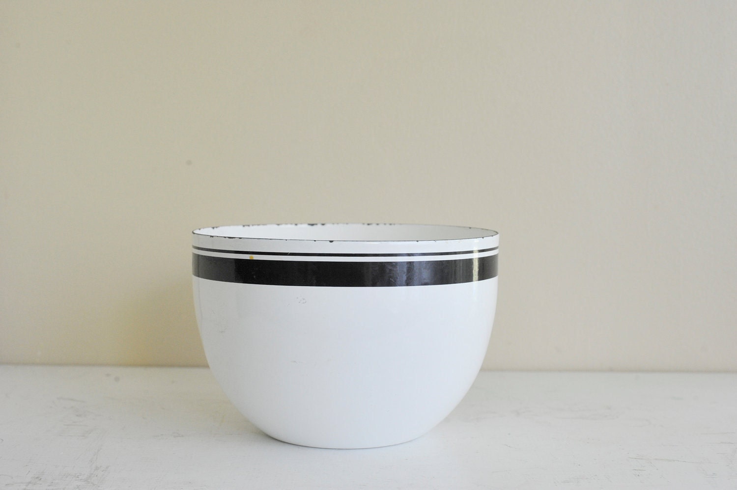 Vintage White Enamel Bowl with Black Stripes Wartsila Finel Kaj Franck Arabia Finland