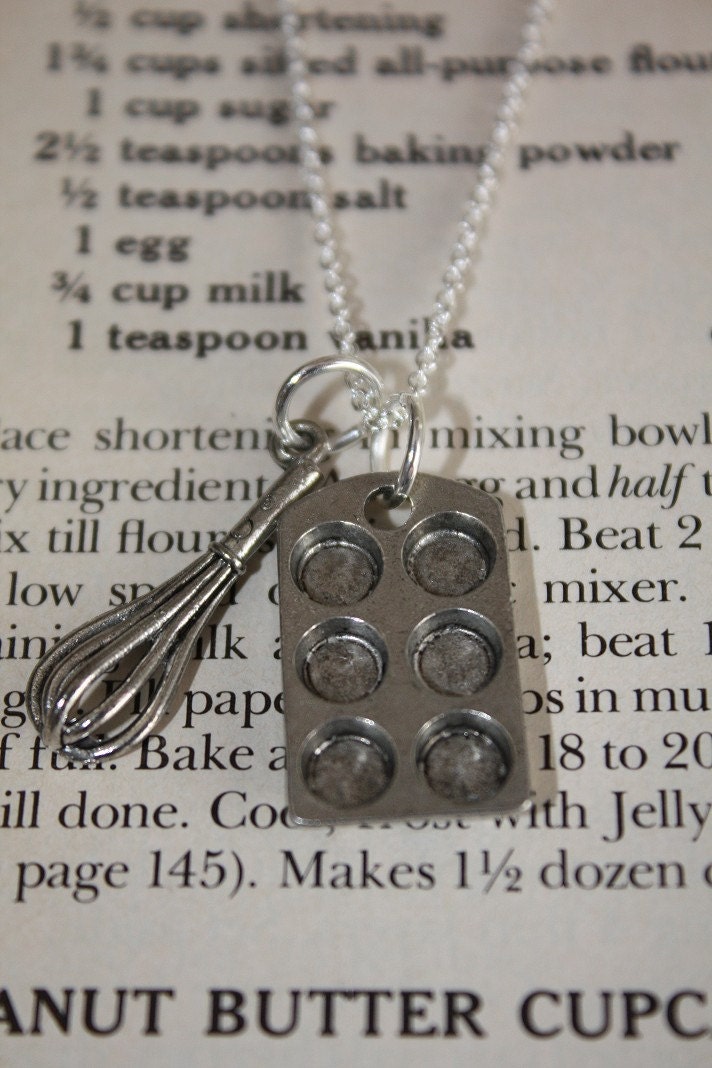 Cupcake Baking Pan and Whisk on a Sterling Silver Plated Chain