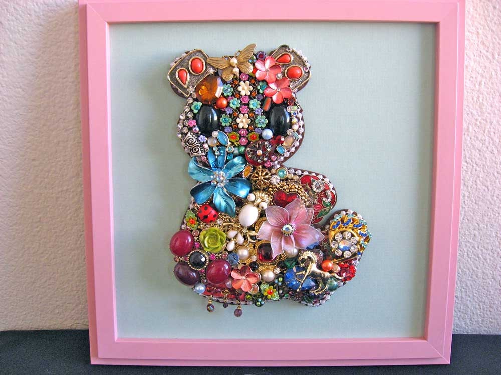 Vintage Jewelry Collage Sculpture Lovie Teddy Bear Decorative Art