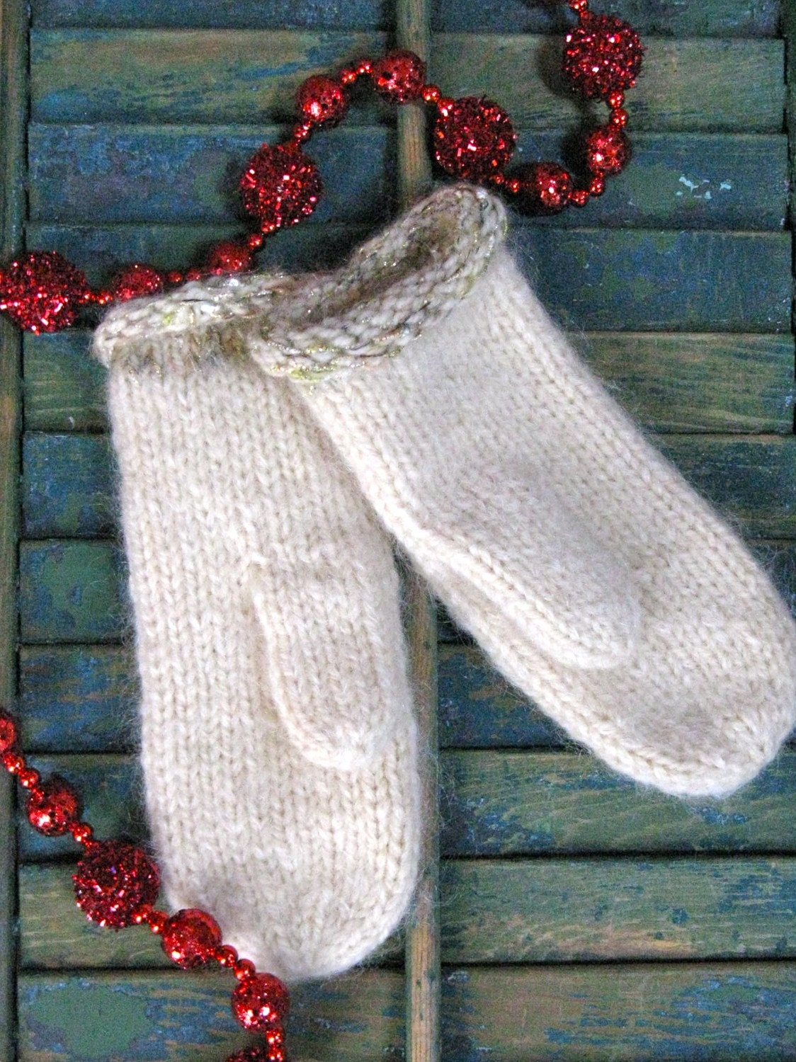 Handmade Hand Knit Wool Mohair Mittens CREAM