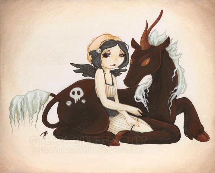 FAIRY GOTH Unicorn brown skull 8 by 10 print - Grim and Drear