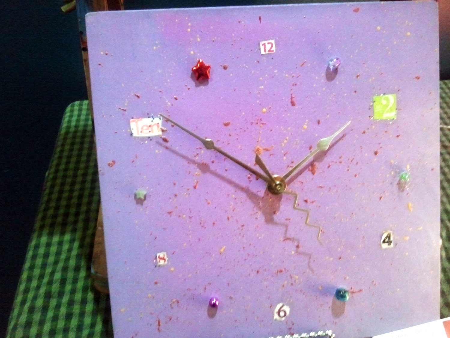 SALE -- mixed media art clock -- iridescent purple with zigzag second hand --unique home decor