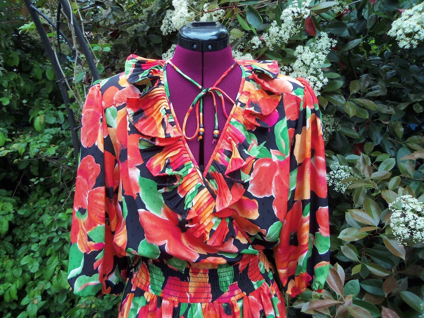 Floral Shirtwaist Dress - 1980s Dress - Tropical Floral Dress - Susan Frain Dress - Floral Secretary Dress - Size S