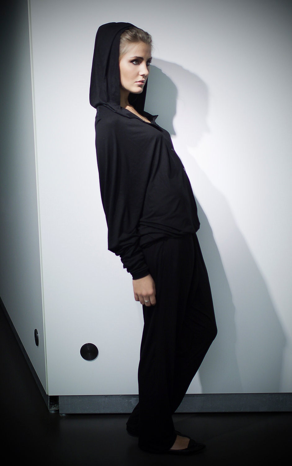 Black asymmetric hoodie longsleeved cotton Muse overall..
