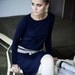Deep blue longsleeved cotton Muse dress with striped strap