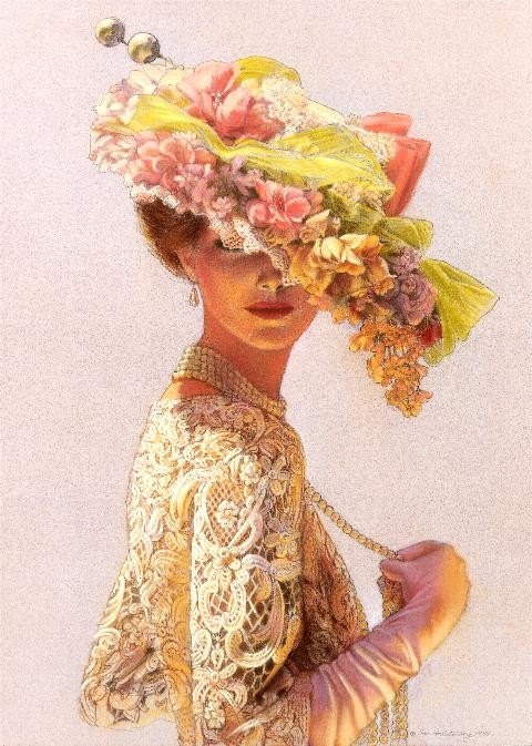 Victorian Elegant Lady fashion art, romantic elegance portrait, lace flower hat print poster of painting