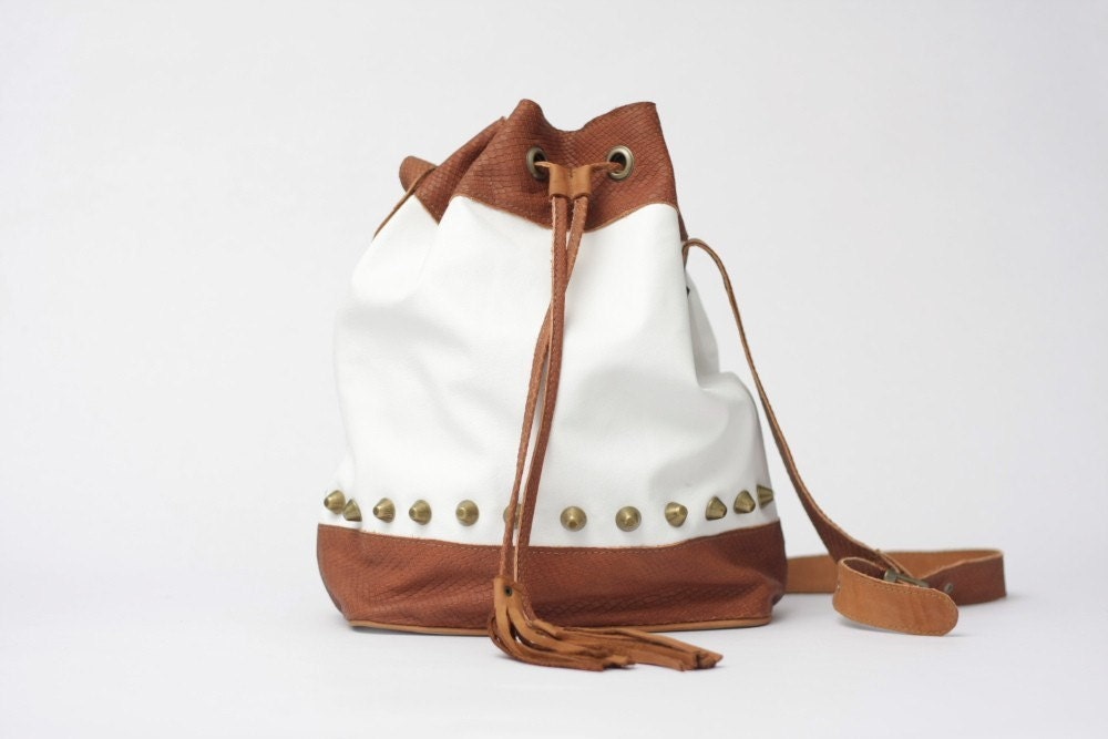 Adri White-Tan Leather Drawstring  Bag