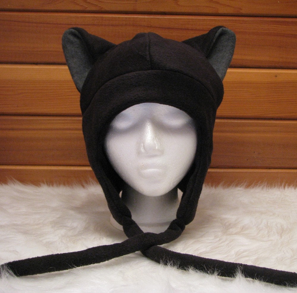 Cat Ear Hat  - Black / Grey Fleece Kitty Ear Flap Aviator by Ningen Headwear