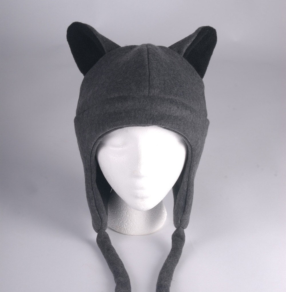 Fleece Wolf Hat - Gray Aviator Style Mens Womens Teen Wolf Hat by Ningen Headwear