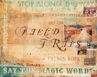 Field Trips - large 16" x 24" paper print - rustic inspirational travel collage word art, orange yellow summer blue road adventure