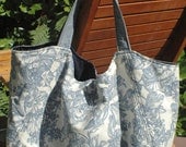 Blue Floral Toile Market or Tote Bag