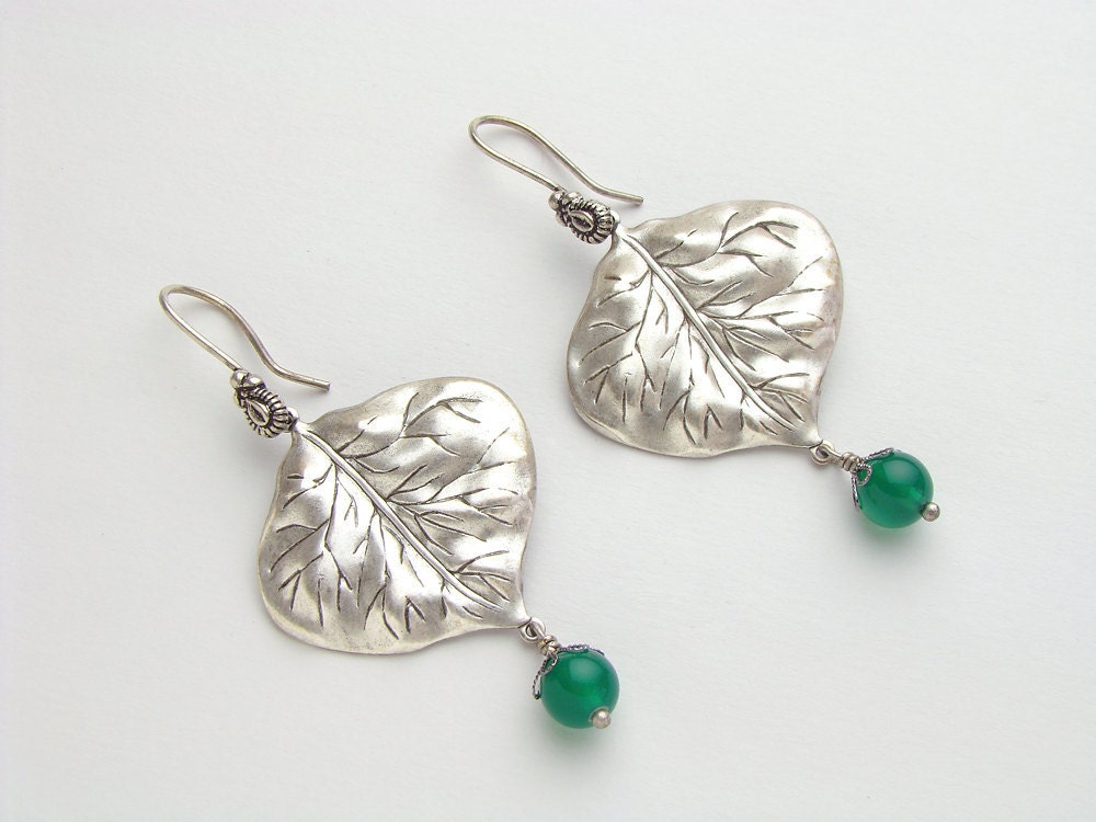 Neo Victorian Dangle Earrings Drop antiqued silver leaf genuine green agate beads capped in filigree jewelry Gift by Steampunk Nation R1055