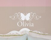 SCROLL BUTTERFLY NAME wall decal girl bedroom vinyl lettering (w00263)