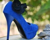 Romantic Black Shoe Clips. Peacock Herl Beads Felt Flowers, Summer Gift Under 40, Wedding Attire, Feminine Youthful Couture Noir Goth Gothic