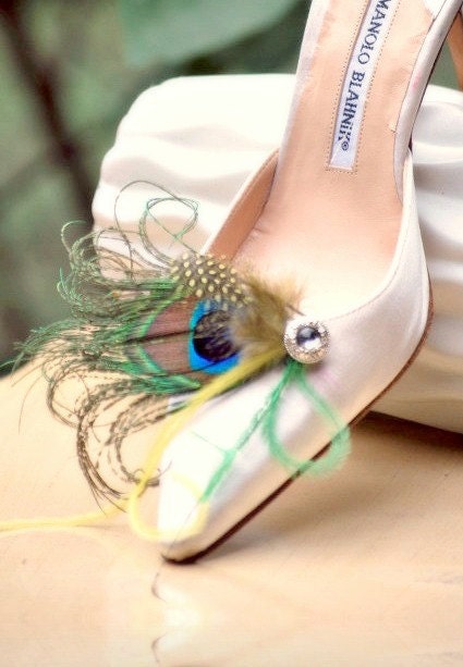 Shoe Clips / Hair Clips Peacock Feather. Bride Bridal Bridesmaid Party Gift, Couture Spring Fashion, Turquoise Green Silver Rhinestone Gem