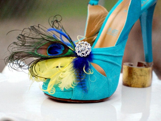 Shoe Clips Peacock Yellow & Royal Blue Feathers. Statement Couture Wedding, Engagement Party Bride Bridal Bridesmaid, Ostrich Bright Summer