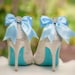 Sparkly Blue / White Bow Shoe Clips. Shiny Rhinestones. Fashionista Night Out Couture, Satin Ribbon More Colors: Sage Pink Red Black