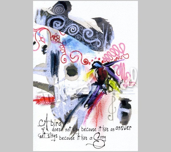 Original Illustration Proverb- Mixed Media - A Bird Sings Because...5x7 Art Print