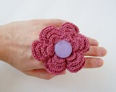Adjustable Repurposed Crochet Pink Flower Ring With Vintage Purple Button