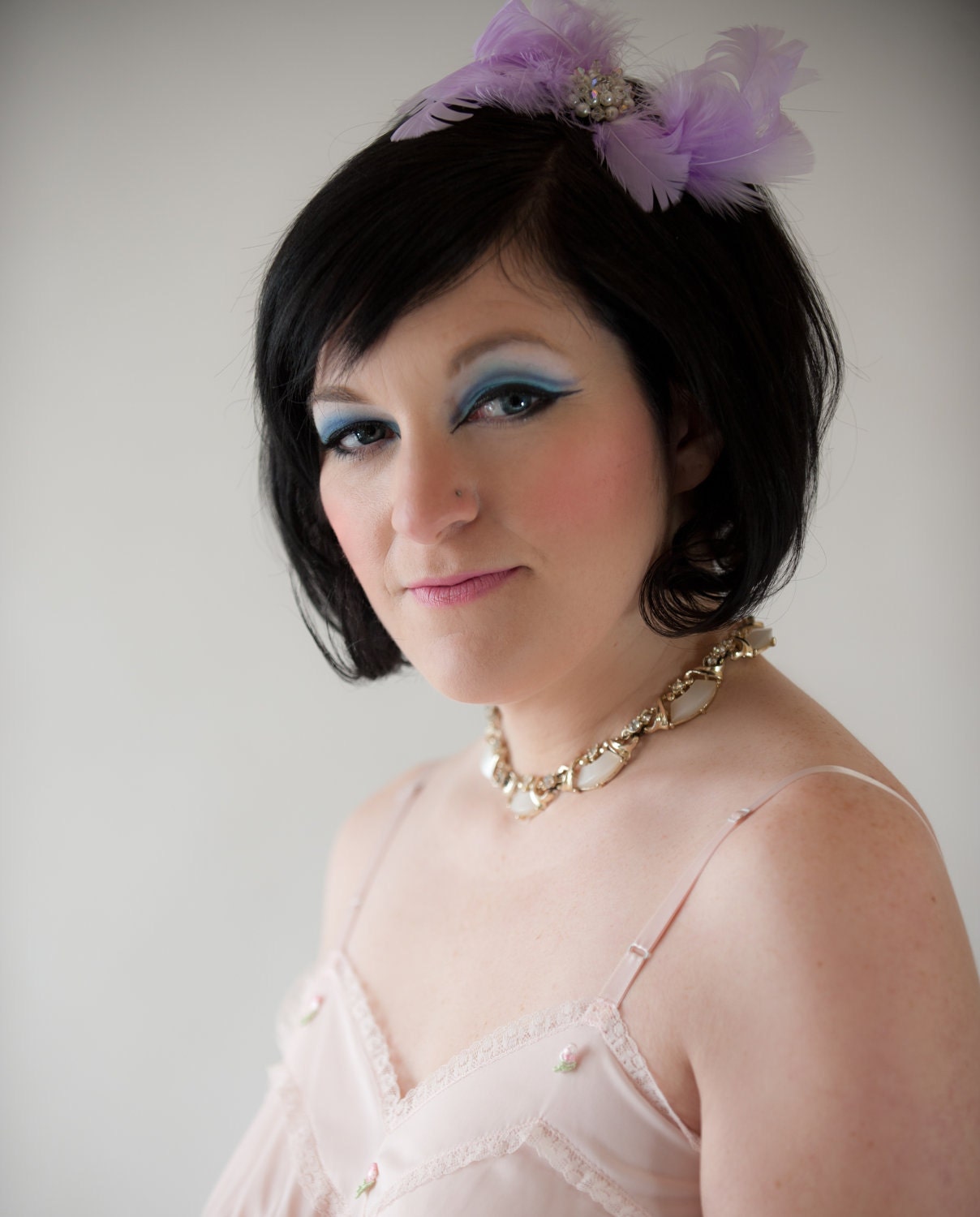 Curled Lilac Feather Fascinator Hair Clip With Repurposed Vintage Crystal Earring