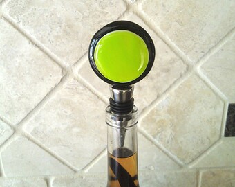 Wine Bottle Stopper Lime and Black Large Size - Handmade Fused Glass