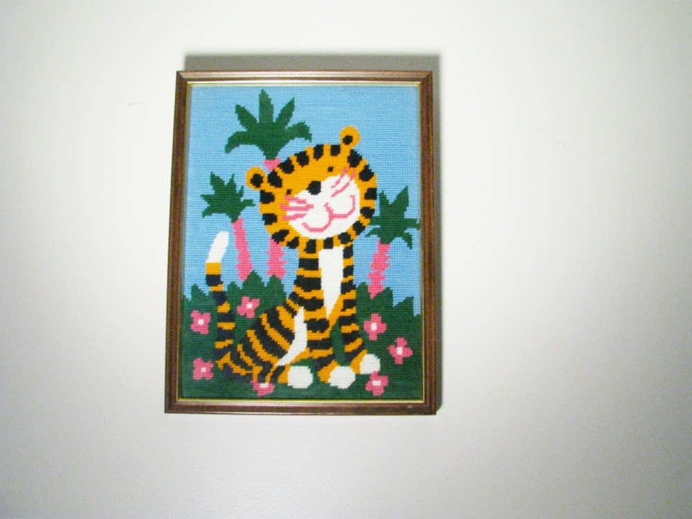 vintage Needlepoint Tiger, Striped Cat in a Jungle, Children